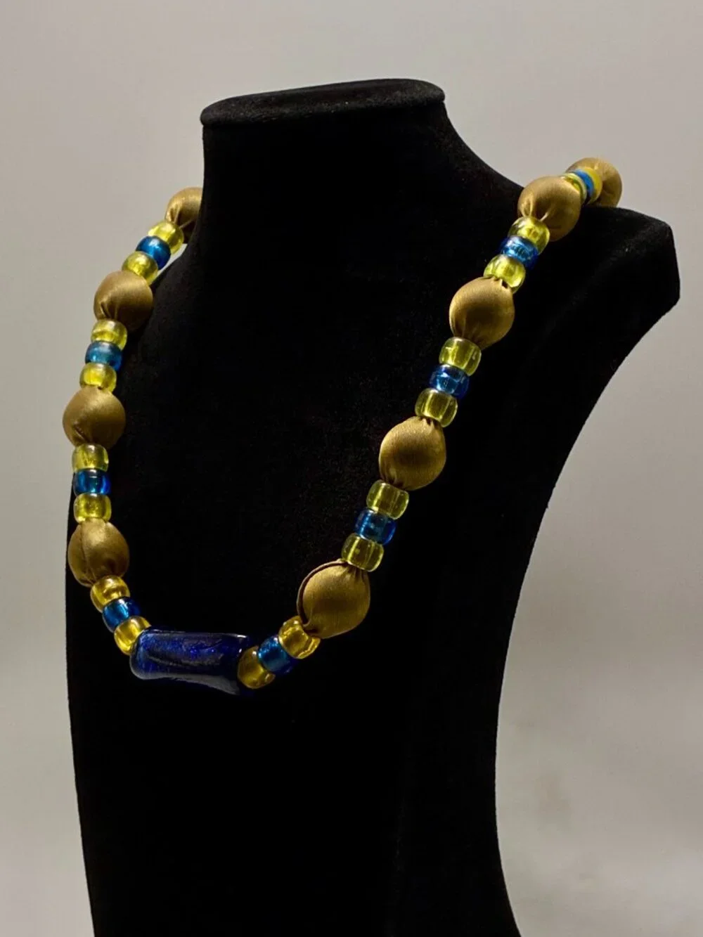 Rare Vintage Napier Runway Necklace Gold Fabric Beads Cobalt Blue Glass Accent